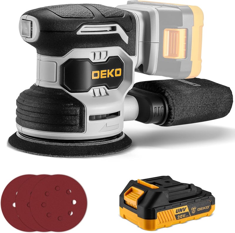 DEKOPRO Cordless Orbital Sander: 20V Random Orbit Sander, 5inch Power Palm Sander Electric Sanders Tool with Battery, Charger, Dust Collector, 16 Pcs Sanding Discs for Woodwroking - Image 1